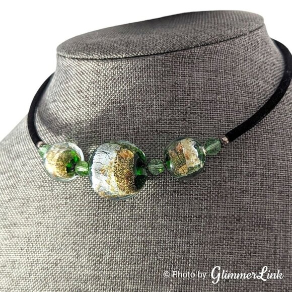 Green & Gold Foil Glass Beads Black Velvet Wire Wrap Choker Necklace - Picture 4 of 10